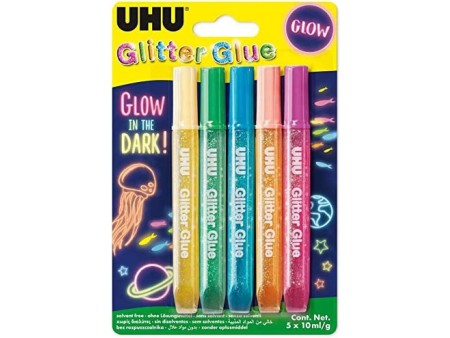 UHU Glitter Fluorescente Glue Glow In The Dark, Si Illumina Al Buio, Oro, 5 x 10 ml