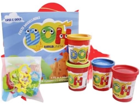 TINTA UNITA Set 4 Pezzi Pasta MODELLABILE DOH con 14 FORMINE E 2 Attrezzi