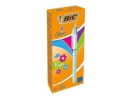 Bic4 Colours Fun Penna a scatto, Punta Media 1,0 mm, Fusto verde chiaro, 4 Colori di inchiostro in una sola Penna, Confezione