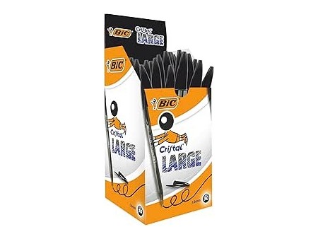 BIC Nere Penne a Sfera, Cristal Large , Ottimi per la Scuola, con Punta Ampia (1.6 mm), Confezione da 50, Fornitura per