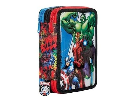 Auguri Preziosi Supereroi Marvel Astuccio Scuola Elementare Triplo, Astuccio Portapenne e Portamatite Pieno con 18 Matite