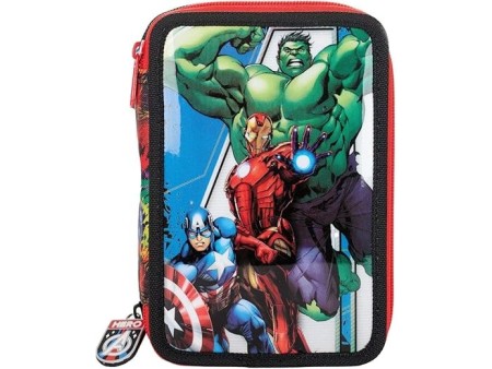 Auguri Preziosi Supereroi Marvel Astuccio Scuola Elementare Triplo, Astuccio Portapenne e Portamatite Pieno con 18 Matite