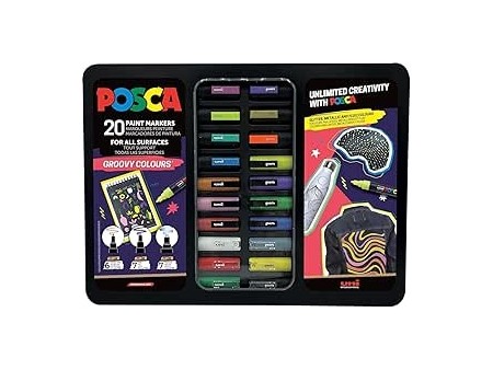 POSCA 186831 - Set di pennarelli POSCA, 20 pennarelli acrilici in astuccio, set di pennarelli Groovy Colours, punta PWE5M