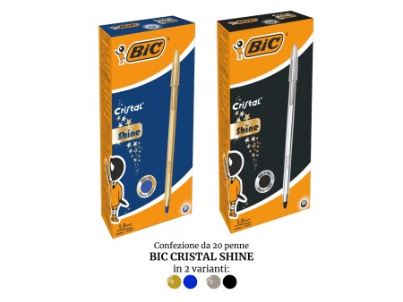 BIC Cristal Shine Penne a Sfera Punta Media, (1.00 mm), Inchiostro Nero, Confezione da 20 Penne, Con Fusto, Color Argento